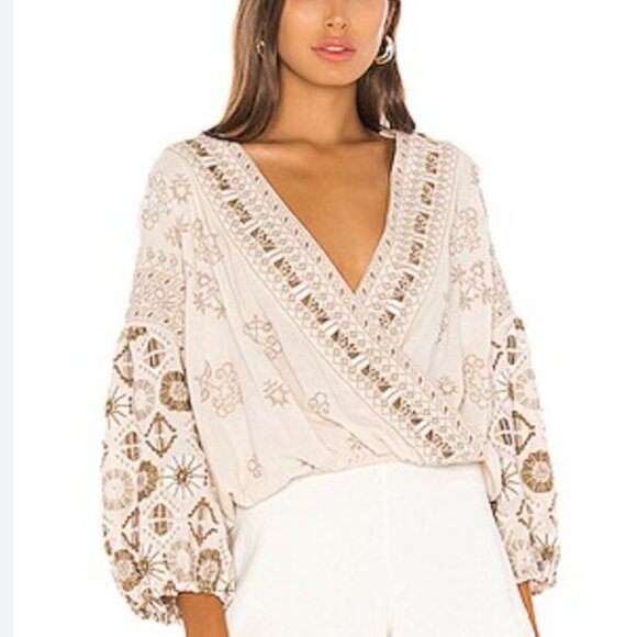 Free People Tops - Free People Embroidered Bell Top, Cream/Earth Tones